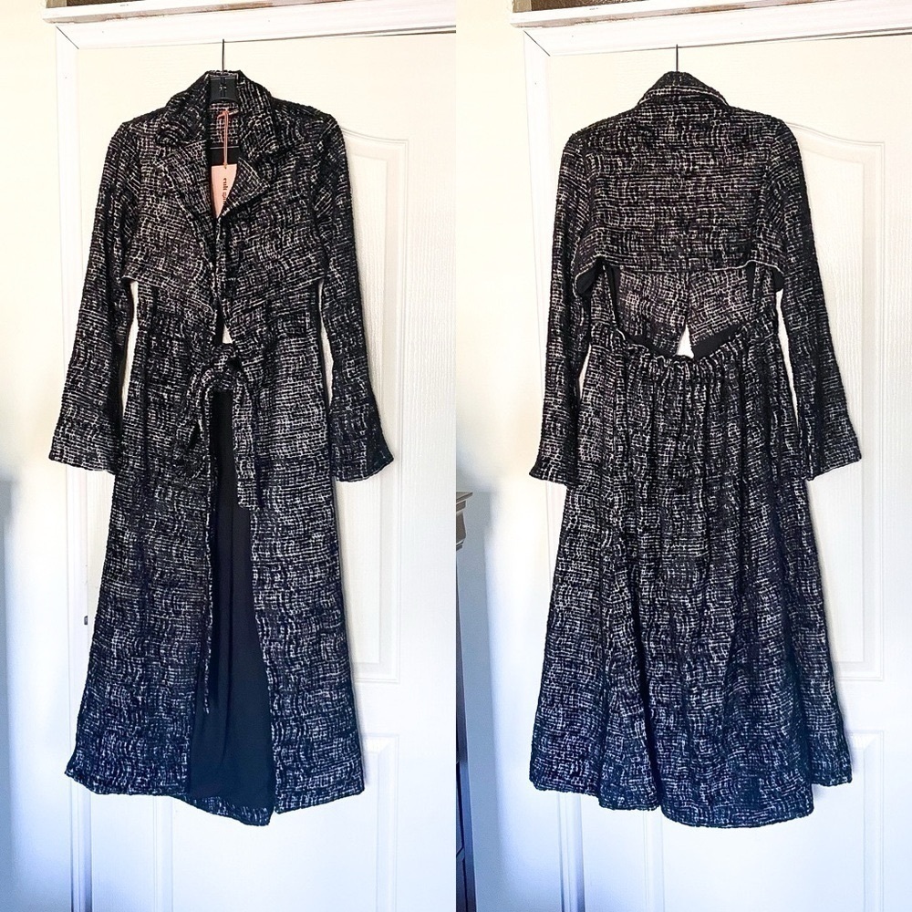 Cult Gaia Aya Matelassé Velvet Open-Back Coat Belted‎ Long Black Size Small NWT - Picture 2 of 11